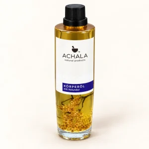 ACHALA Körperöl mit Holunder in einer Glasflasche mit goldgelbem Öl vor cremefarbenem Hintergrund.