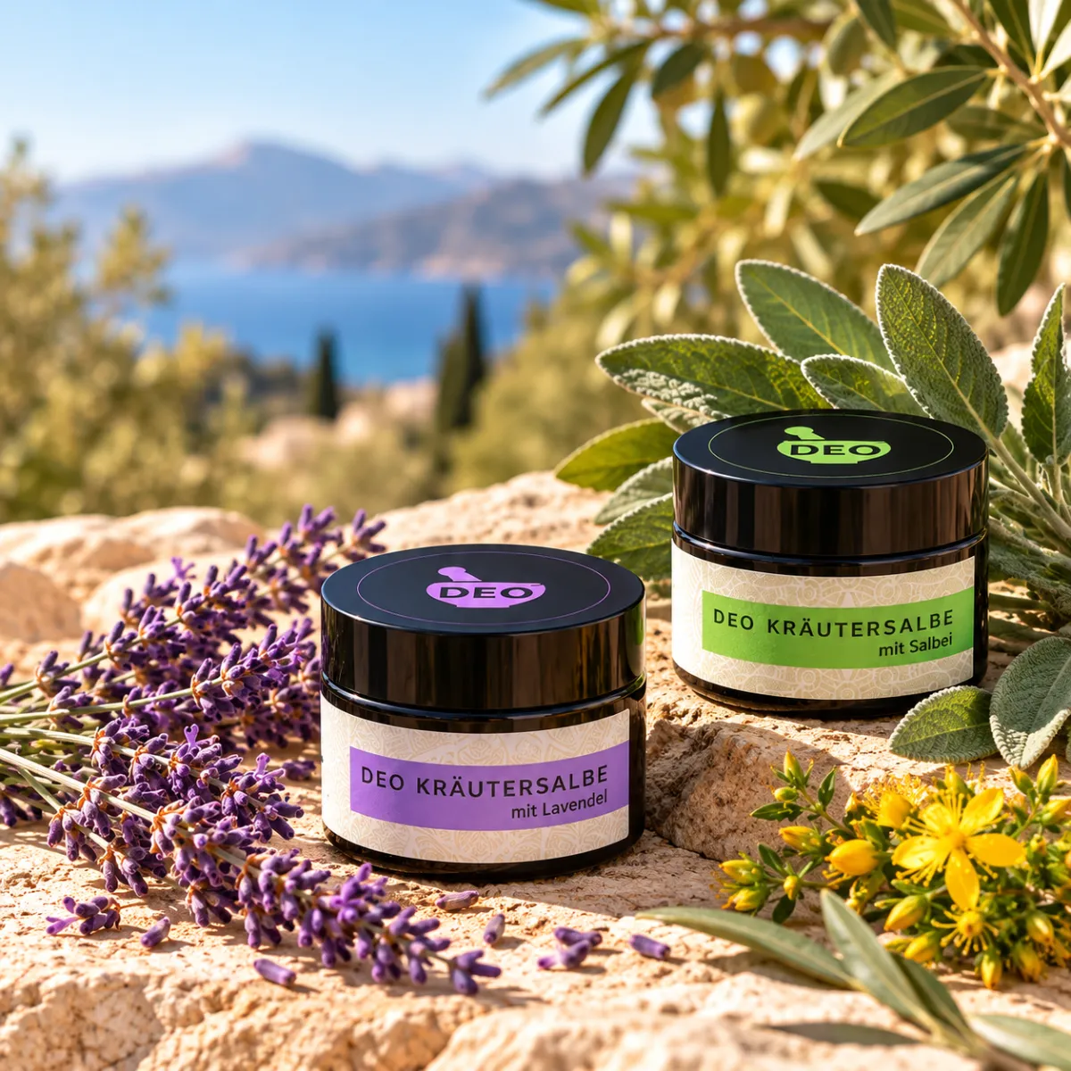 ACHALA natural herbal deodorant balms with lavender and sage, handcrafted in Greece, surrounded by Mediterranean herbs.