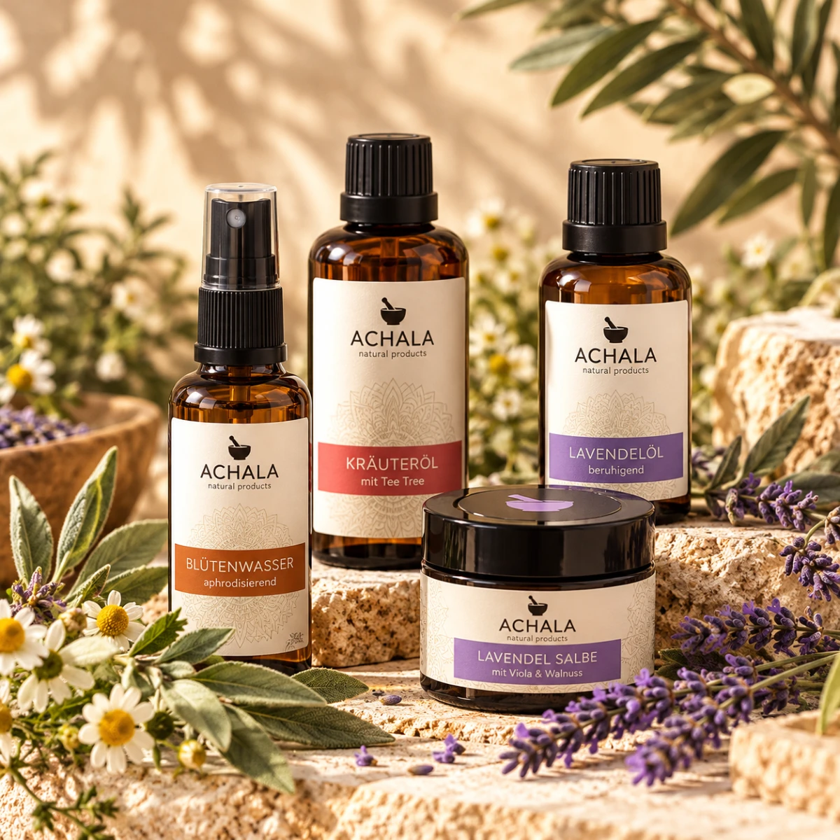 ACHALA Intimate Care – natürliche Pflegeprodukte mit Kräuterölen, Blütenwasser und Lavendel in mediterraner Umgebung.